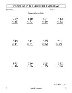 Multiplicar Números de 3 Dígitos por 2 Dígitos (Formato Grande)