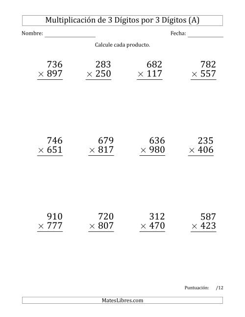 La hoja de ejercicios de Multiplicar Números de 3 Dígitos por 3 Dígitos (Formato Grande) (Todas)