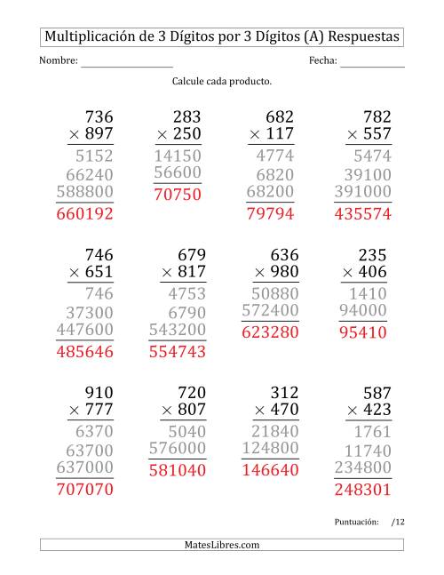 La hoja de ejercicios de Multiplicar Números de 3 Dígitos por 3 Dígitos (Formato Grande) (Todas) Página 2