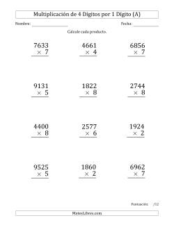 Multiplicar Números de 4 Dígitos por 1 Dígito (Formato Grande)