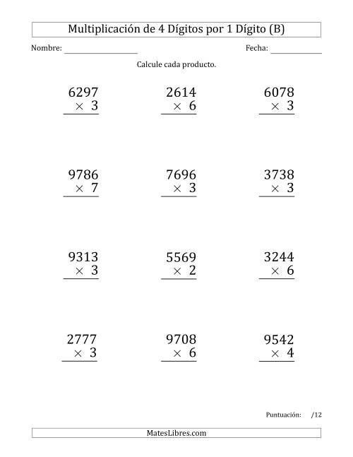 La hoja de ejercicios de Multiplicar Números de 4 Dígitos por 1 Dígito (Formato Grande) (B)
