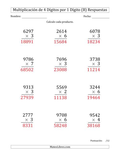 La hoja de ejercicios de Multiplicar Números de 4 Dígitos por 1 Dígito (Formato Grande) (B) Página 2