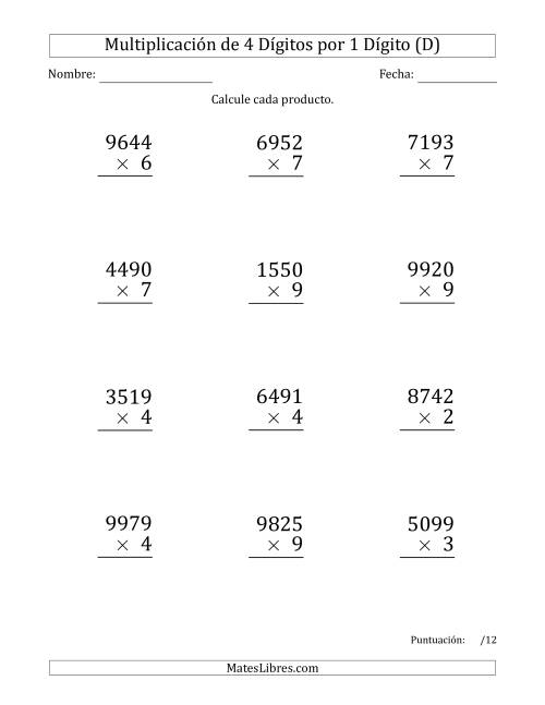 La hoja de ejercicios de Multiplicar Números de 4 Dígitos por 1 Dígito (Formato Grande) (D)