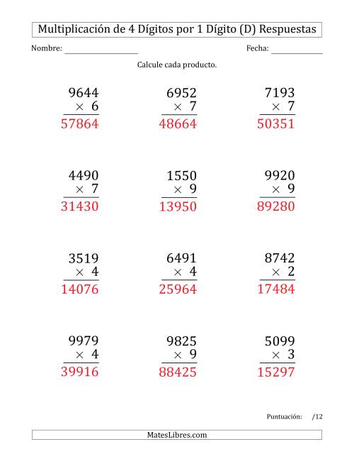 La hoja de ejercicios de Multiplicar Números de 4 Dígitos por 1 Dígito (Formato Grande) (D) Página 2