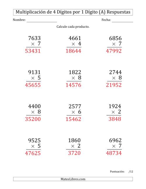 La hoja de ejercicios de Multiplicar Números de 4 Dígitos por 1 Dígito (Formato Grande) (Todas) Página 2