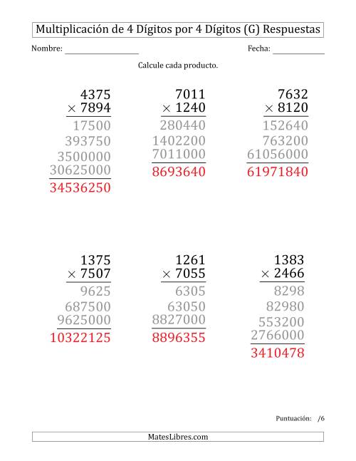 La hoja de ejercicios de Multiplicar Números de 4 Dígitos por 4 Dígitos (Formato Grande) (G) Página 2