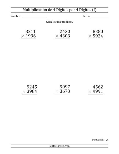 La hoja de ejercicios de Multiplicar Números de 4 Dígitos por 4 Dígitos (Formato Grande) (I)