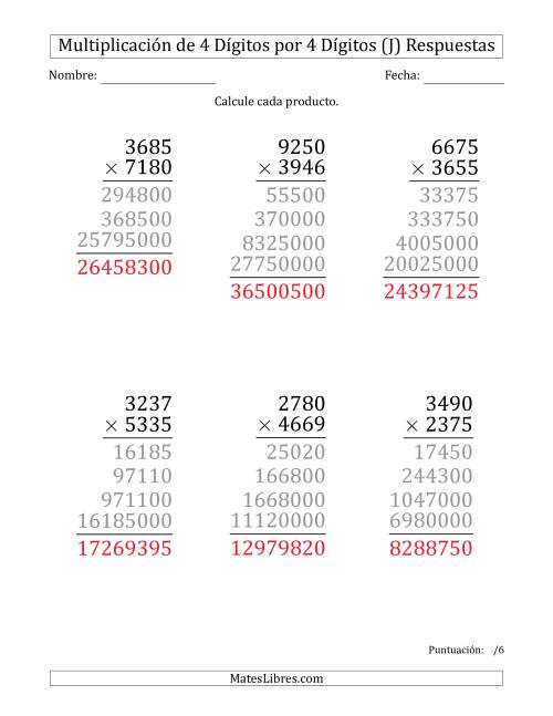 La hoja de ejercicios de Multiplicar Números de 4 Dígitos por 4 Dígitos (Formato Grande) (J) Página 2