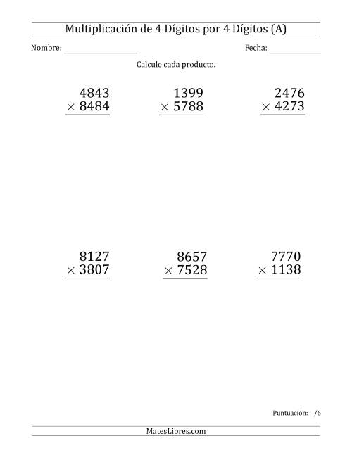 La hoja de ejercicios de Multiplicar Números de 4 Dígitos por 4 Dígitos (Formato Grande) (Todas)