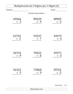Multiplicar Números de 5 Dígitos por 1 Dígito (Formato Grande)