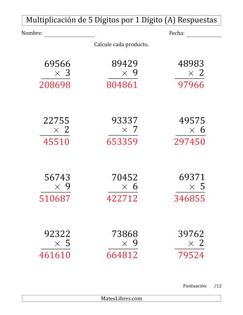 La hoja de ejercicios de Multiplicar Números de 5 Dígitos por 1 Dígito (Formato Grande) (A) Página 2