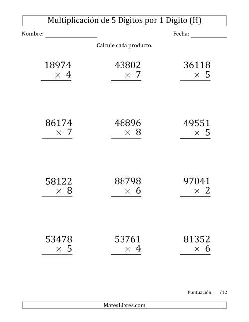 La hoja de ejercicios de Multiplicar Números de 5 Dígitos por 1 Dígito (Formato Grande) (H)