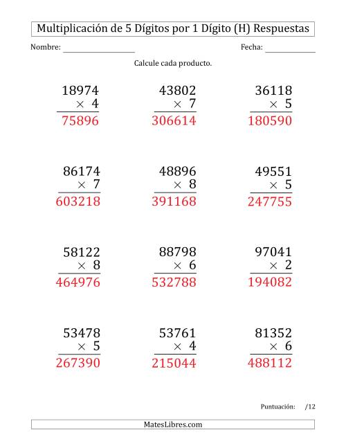 La hoja de ejercicios de Multiplicar Números de 5 Dígitos por 1 Dígito (Formato Grande) (H) Página 2