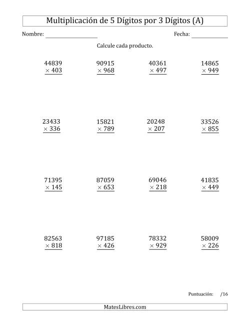 La hoja de ejercicios de Multiplicar Números de 5 Dígitos por 3 Dígitos (A)