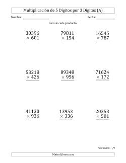 Multiplicar Números de 5 Dígitos por 3 Dígitos (Formato Grande)
