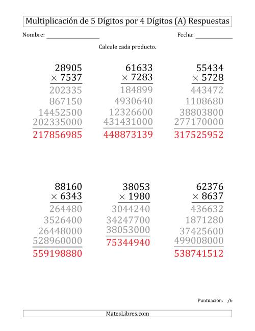 La hoja de ejercicios de Multiplicar Números de 5 Dígitos por 4 Dígitos (Formato Grande) (A) Página 2