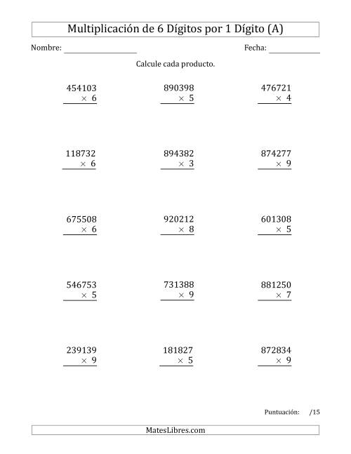 La hoja de ejercicios de Multiplicar Números de 6 Dígitos por 1 Dígito (A)