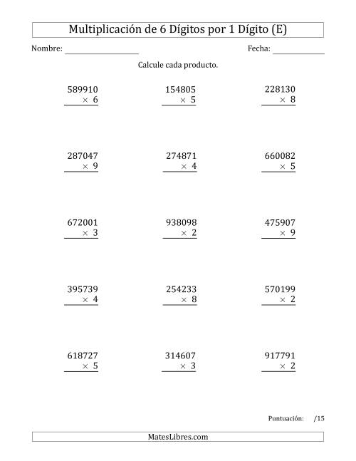 La hoja de ejercicios de Multiplicar Números de 6 Dígitos por 1 Dígito (E)