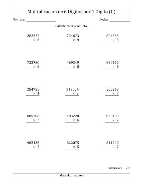 La hoja de ejercicios de Multiplicar Números de 6 Dígitos por 1 Dígito (G)