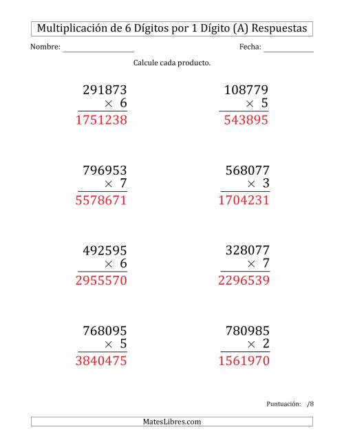 La hoja de ejercicios de Multiplicar Números de 6 Dígitos por 1 Dígito (Formato Grande) (A) Página 2