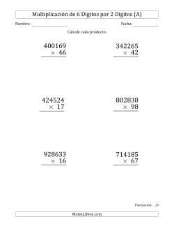 Multiplicar Números de 6 Dígitos por 2 Dígitos (Formato Grande)
