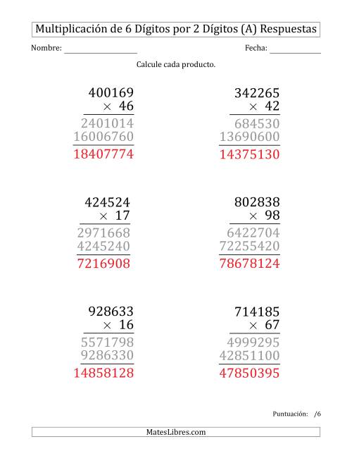 La hoja de ejercicios de Multiplicar Números de 6 Dígitos por 2 Dígitos (Formato Grande) (A) Página 2