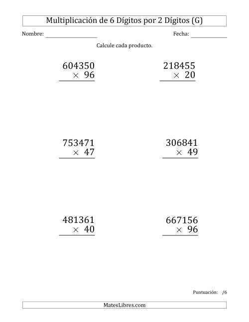 La hoja de ejercicios de Multiplicar Números de 6 Dígitos por 2 Dígitos (Formato Grande) (G)