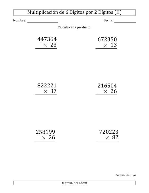 La hoja de ejercicios de Multiplicar Números de 6 Dígitos por 2 Dígitos (Formato Grande) (H)