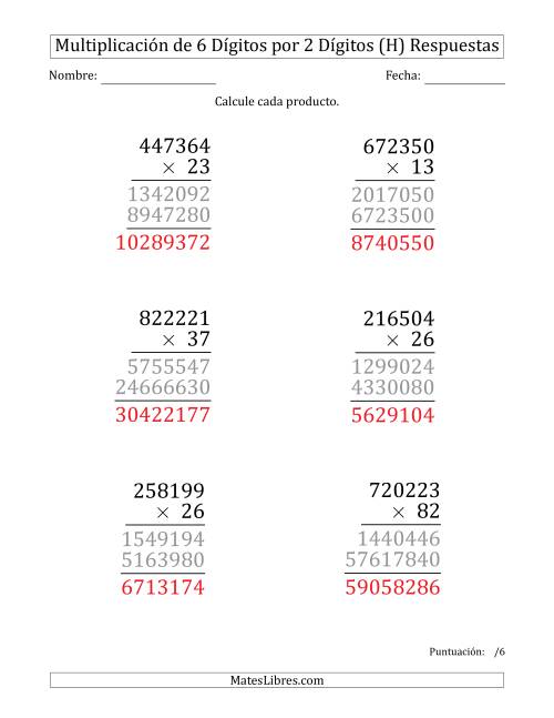 La hoja de ejercicios de Multiplicar Números de 6 Dígitos por 2 Dígitos (Formato Grande) (H) Página 2