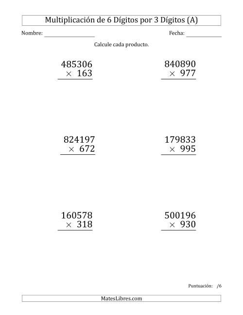 La hoja de ejercicios de Multiplicar Números de 6 Dígitos por 3 Dígitos (Formato Grande) (A)