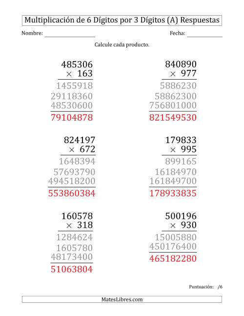 La hoja de ejercicios de Multiplicar Números de 6 Dígitos por 3 Dígitos (Formato Grande) (Todas) Página 2