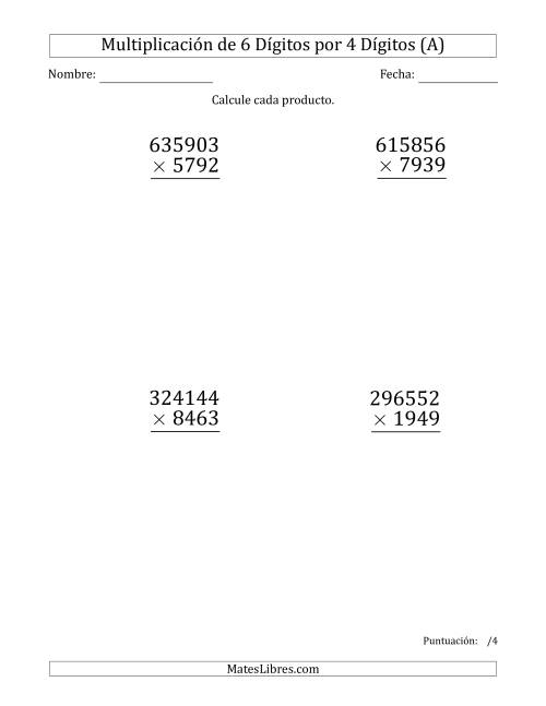 La hoja de ejercicios de Multiplicar Números de 6 Dígitos por 4 Dígitos (Formato Grande) (A)