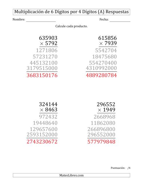 La hoja de ejercicios de Multiplicar Números de 6 Dígitos por 4 Dígitos (Formato Grande) (Todas) Página 2