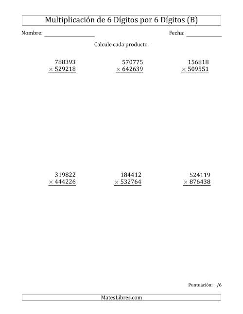 La hoja de ejercicios de Multiplicar Números de 6 Dígitos por 6 Dígitos (B)