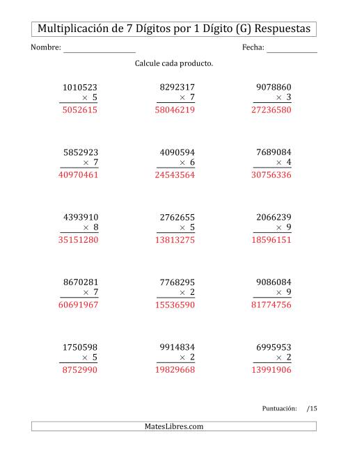 La hoja de ejercicios de Multiplicar Números de 7 Dígitos por 1 Dígito (G) Página 2