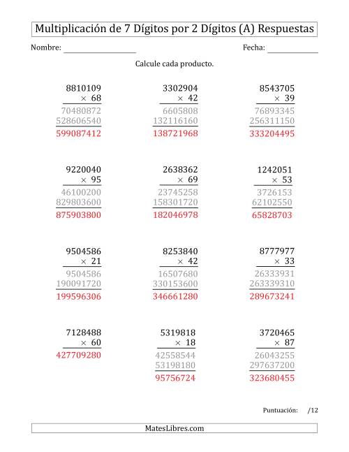 La hoja de ejercicios de Multiplicar Números de 7 Dígitos por 2 Dígitos (A) Página 2