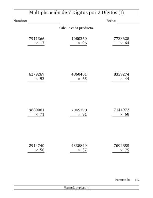 La hoja de ejercicios de Multiplicar Números de 7 Dígitos por 2 Dígitos (I)