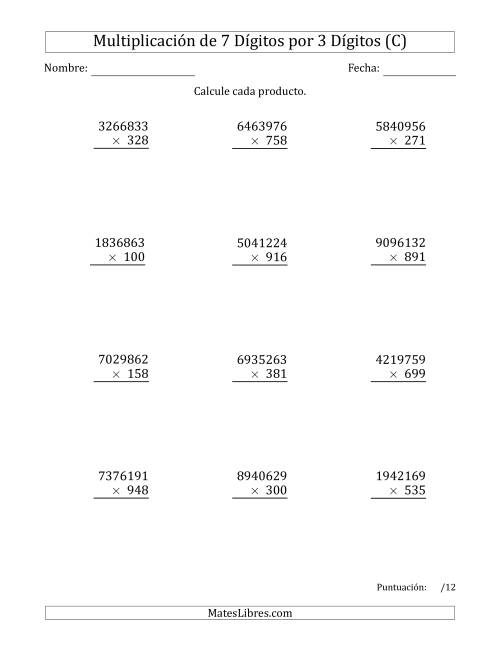 La hoja de ejercicios de Multiplicar Números de 7 Dígitos por 3 Dígitos (C)