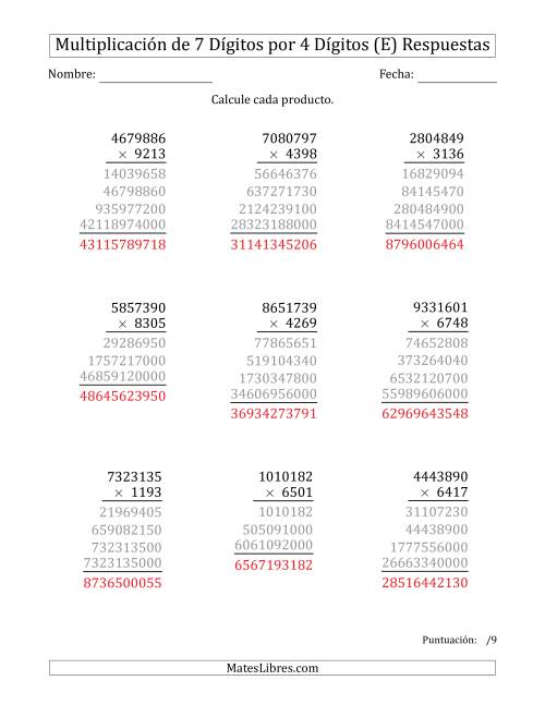 La hoja de ejercicios de Multiplicar Números de 7 Dígitos por 4 Dígitos (E) Página 2