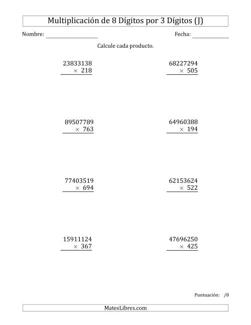 La hoja de ejercicios de Multiplicar Números de 8 Dígitos por 3 Dígitos (J)