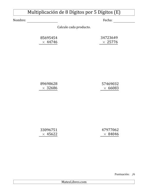 La hoja de ejercicios de Multiplicar Números de 8 Dígitos por 5 Dígitos (E)