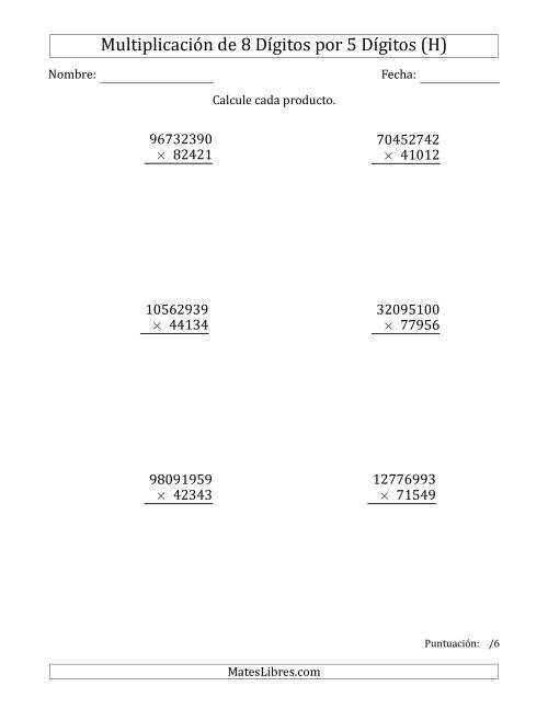 La hoja de ejercicios de Multiplicar Números de 8 Dígitos por 5 Dígitos (H)