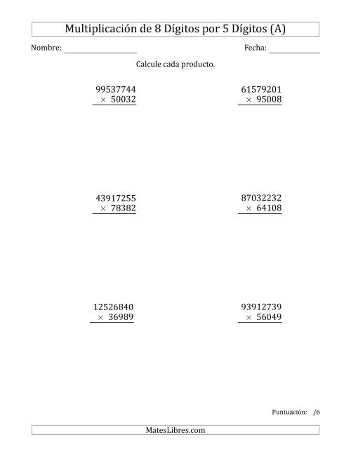 La hoja de ejercicios de Multiplicar Números de 8 Dígitos por 5 Dígitos (Todas)