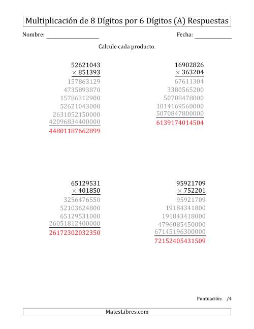 La hoja de ejercicios de Multiplicar Números de 8 Dígitos por 6 Dígitos (A) Página 2