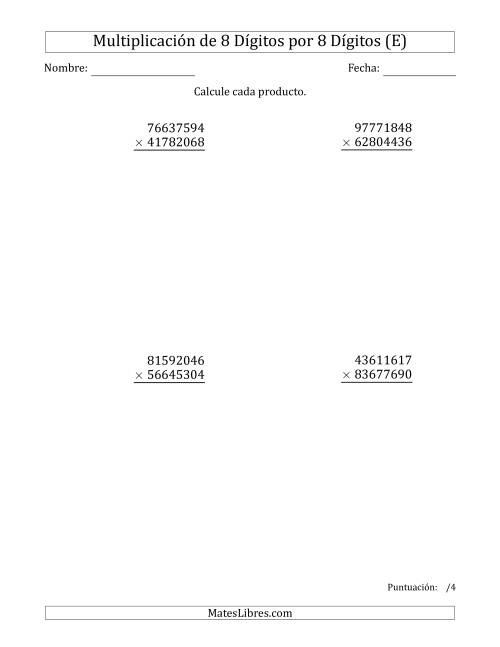 La hoja de ejercicios de Multiplicar Números de 8 Dígitos por 8 Dígitos (E)