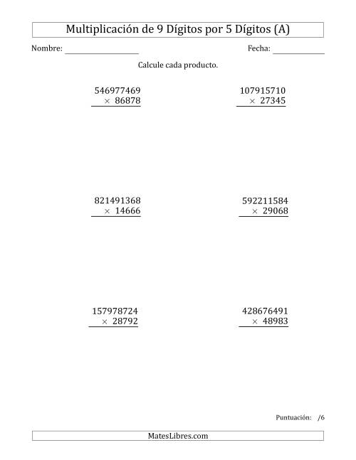La hoja de ejercicios de Multiplicar Números de 9 Dígitos por 5 Dígitos (A)
