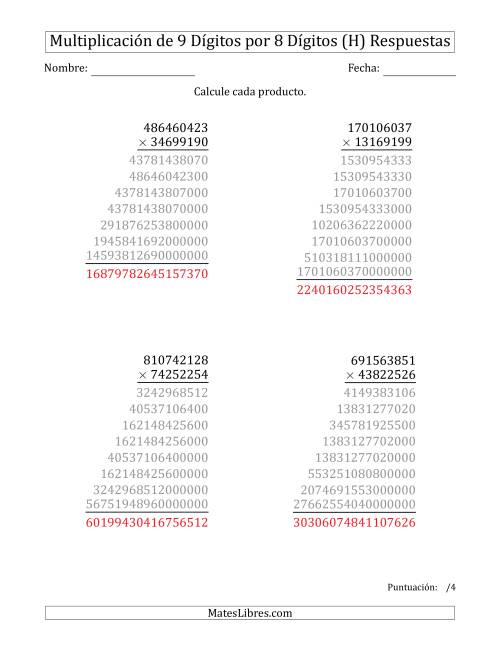 La hoja de ejercicios de Multiplicar Números de 9 Dígitos por 8 Dígitos (H) Página 2