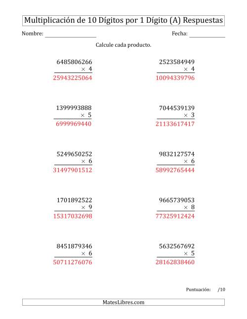 La hoja de ejercicios de Multiplicar Números de 10 Dígitos por 1 Dígito (A) Página 2