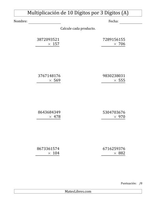 La hoja de ejercicios de Multiplicar Números de 10 Dígitos por 3 Dígitos (A)