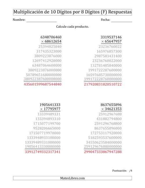 La hoja de ejercicios de Multiplicar Números de 10 Dígitos por 8 Dígitos (F) Página 2